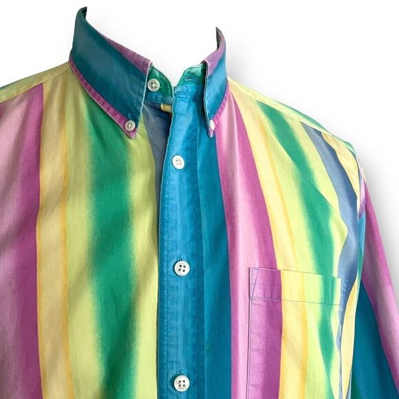 Vintage 90s Mens Button Down Shirt Sz L Rainbow Easter Egg Ombre Stripe Preppy - Picture 5 of 9